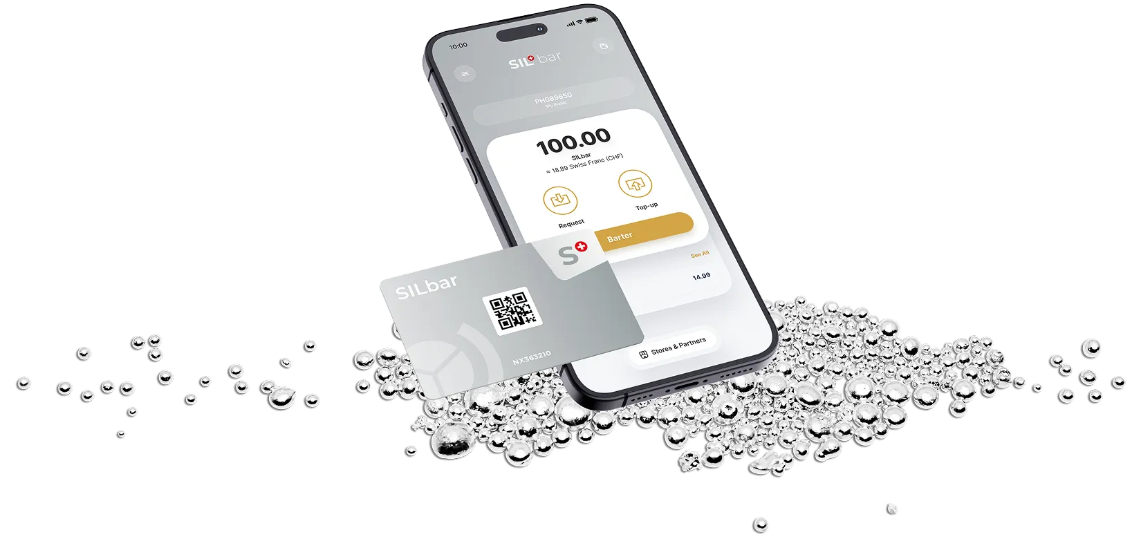SILbar app with wallet card and silver granules